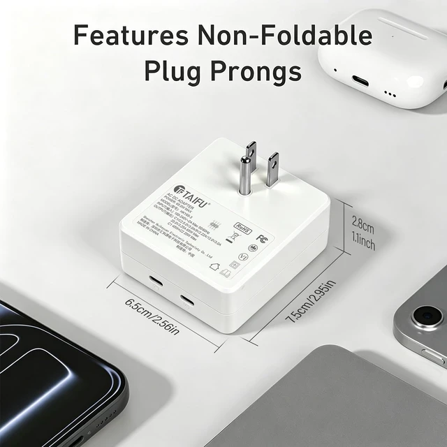 Alt view image 5 of 7 - Multiport 65W USB-C Charger, AC Pro 2-Port Flat USB C Block,Dual Fast Charging Slim Wall Adapter for TRAVOR Magnetic Bluetooth Speaker, iPhone 16/15/14, iPad, Samsung Galaxy, Includes 2 USB-C Cables