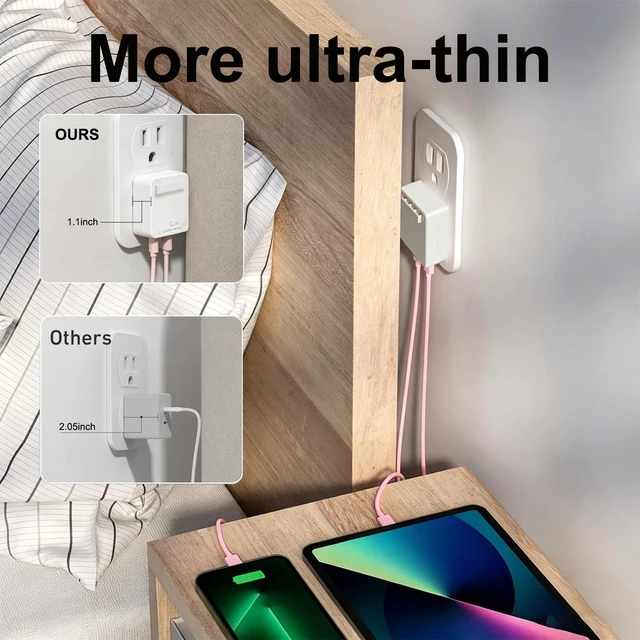 Alt view image 3 of 7 - Multiport 65W USB-C Charger, AC Pro 2-Port Flat USB C Block,Dual Fast Charging Slim Wall Adapter for TRAVOR Magnetic Bluetooth Speaker, iPhone 16/15/14, iPad, Samsung Galaxy, Includes 2 USB-C Cables