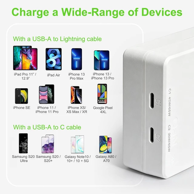 Alt view image 7 of 7 - Multiport 65W USB-C Charger, AC Pro 2-Port Flat USB C Block,Dual Fast Charging Slim Wall Adapter for TRAVOR Magnetic Bluetooth Speaker, iPhone 16/15/14, iPad, Samsung Galaxy, Includes 2 USB-C Cables