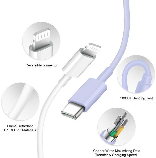 Alt view image 2 of 7 - iPhone 14 13 12 11 Charger Fast Charging iPhone Fast Charger 3-Pack 20W iPad Chargers 6FT C Chargers Fast Charging Cord Whit iPhone 14/14 Max/13 Pro/13/12 Mini/12 Pro Max/11 Max/Xs and iPad(Purple)