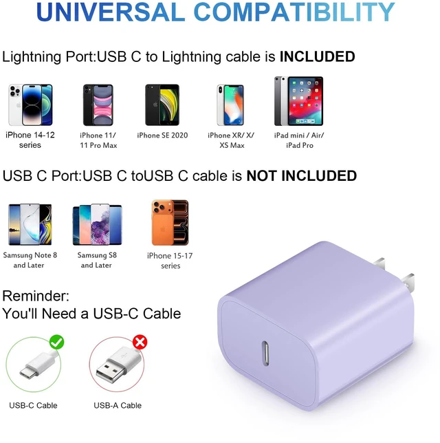 Alt view image 5 of 7 - iPhone 14 13 12 11 Charger Fast Charging iPhone Fast Charger 3-Pack 20W iPad Chargers 6FT C Chargers Fast Charging Cord Whit iPhone 14/14 Max/13 Pro/13/12 Mini/12 Pro Max/11 Max/Xs and iPad(Purple)