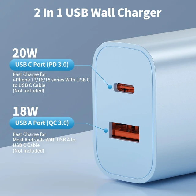 Alt view image 4 of 7 - USB C Charger Block Multiple Ports, 4 Pack Dual Port Wall Charger Adapter | PD 20W USB C Port & QC 3.0 USB A Port, Type C Fast Charging Block Compatible with iphone17/16/15, ipad, Galaxy More