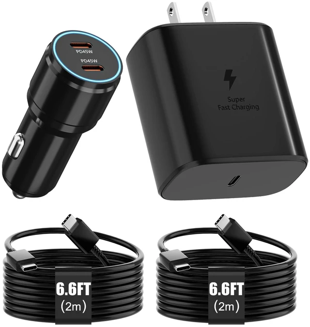 Main image of Super Fast Charger TypeC Kit 45W Wall/Car Charger for Samsung Galaxy | S26/S25/S24/S23/S22/Plus/Ultra/Note 20/10,2020/2018 Pad Pro/Air,with 2X USB C-to-C Cable(6.6ft)