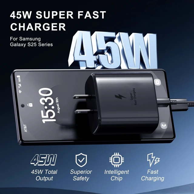 Alt view image 2 of 7 - Super Fast Charger TypeC Kit 45W Wall/Car Charger for Samsung Galaxy | S26/S25/S24/S23/S22/Plus/Ultra/Note 20/10,2020/2018 Pad Pro/Air,with 2X USB C-to-C Cable(6.6ft)