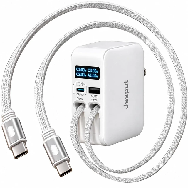 Main image of Jasput 67W Retractable Wall Charger, Built-In Dual USB-C Cables | LED Smart Display, Fast GaN Charger, USB A & USB C Ports, 67W Charging Block for Mac Book,iPad,Galaxy,Pixel