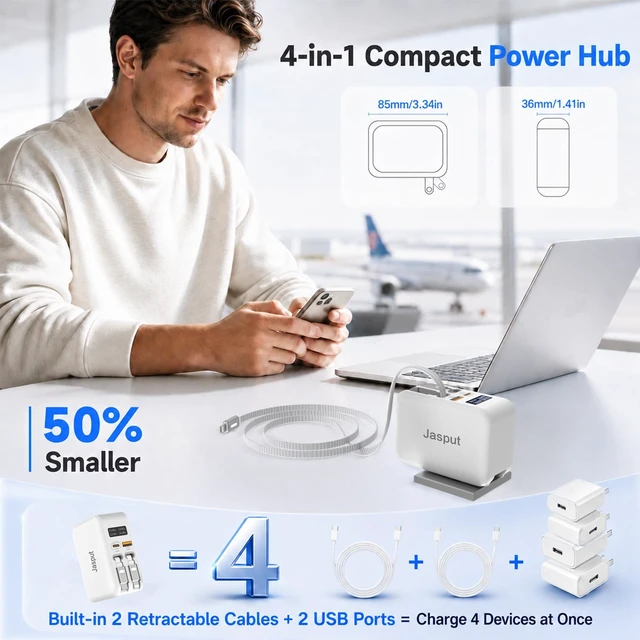 Alt view image 3 of 6 - Jasput 67W Retractable Wall Charger, Built-In Dual USB-C Cables | LED Smart Display, Fast GaN Charger, USB A & USB C Ports, 67W Charging Block for Mac Book,iPad,Galaxy,Pixel
