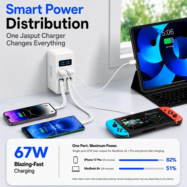 Alt view image 5 of 6 - Jasput 67W Retractable Wall Charger, Built-In Dual USB-C Cables | LED Smart Display, Fast GaN Charger, USB A & USB C Ports, 67W Charging Block for Mac Book,iPad,Galaxy,Pixel