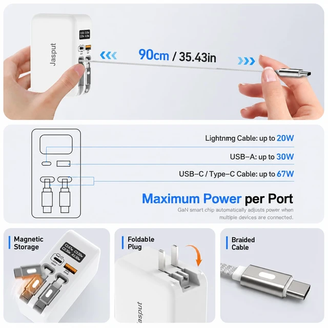 Alt view image 6 of 6 - Jasput 67W Retractable Wall Charger, Built-In Dual USB-C Cables | LED Smart Display, Fast GaN Charger, USB A & USB C Ports, 67W Charging Block for Mac Book,iPad,Galaxy,Pixel
