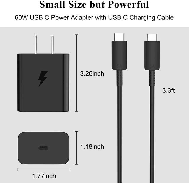 Alt view image 4 of 7 - 60W USB C Charger for Super Fast-Charging 3.0 for Samsung S26 Ultra Black | PD PPS Fast Wall Block for Galaxy S25 S24 Z Fold8 Ultra Wall Charger Kit Plug 3FT Type C Cable Travel Charging Power Adapter