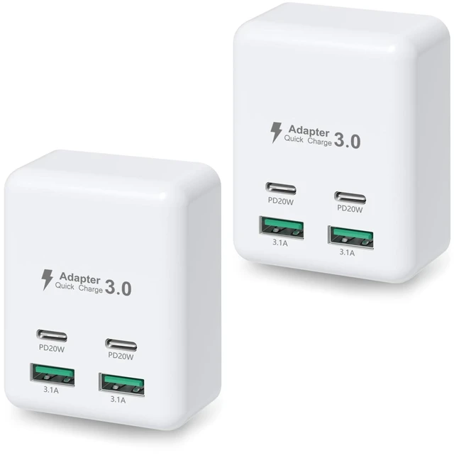Main image of Flat USB C Wall Charger 2 Pack, Costyle 40W Fast Charging Block 4-Ports QC+PD 3.0 Wall Plug Adapter Multiport Type C Charger Cube Compatible for iPhone 16 15 14 13 12 11 Pro Max,Tablets,Pixel(White)