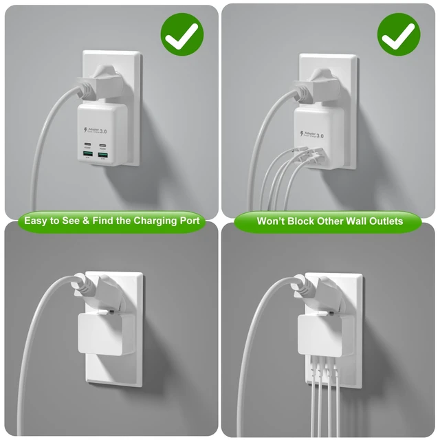 Alt view image 4 of 7 - Flat USB C Wall Charger 2 Pack, Costyle 40W Fast Charging Block 4-Ports QC+PD 3.0 Wall Plug Adapter Multiport Type C Charger Cube Compatible for iPhone 16 15 14 13 12 11 Pro Max,Tablets,Pixel(White)