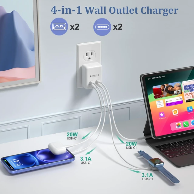 Alt view image 3 of 7 - Flat USB C Wall Charger 2 Pack, Costyle 40W Fast Charging Block 4-Ports QC+PD 3.0 Wall Plug Adapter Multiport Type C Charger Cube Compatible for iPhone 16 15 14 13 12 11 Pro Max,Tablets,Pixel(White)