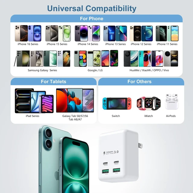Alt view image 7 of 7 - Flat USB C Wall Charger 2 Pack, Costyle 40W Fast Charging Block 4-Ports QC+PD 3.0 Wall Plug Adapter Multiport Type C Charger Cube Compatible for iPhone 16 15 14 13 12 11 Pro Max,Tablets,Pixel(White)