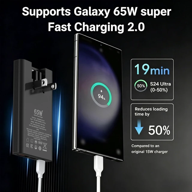 Alt view image 2 of 7 - VINTUPLK 65W GaN Charger, Ultra Slim Dual-Port USB C Wall Adapter, Foldable Fast Charger for Travel, Home, Office