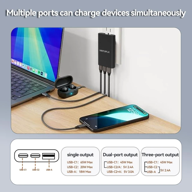 Alt view image 3 of 7 - VINTUPLK 65W GaN Charger, Ultra Slim Dual-Port USB C Wall Adapter, Foldable Fast Charger for Travel, Home, Office