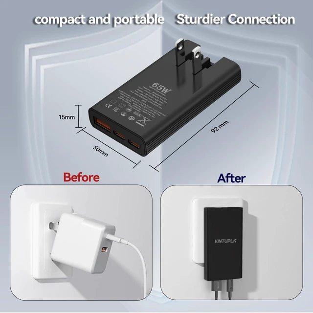 Alt view image 4 of 7 - VINTUPLK 65W GaN Charger, Ultra Slim Dual-Port USB C Wall Adapter, Foldable Fast Charger for Travel, Home, Office