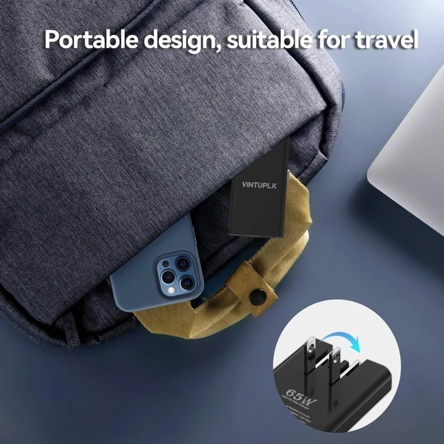 Alt view image 5 of 7 - VINTUPLK 65W GaN Charger, Ultra Slim Dual-Port USB C Wall Adapter, Foldable Fast Charger for Travel, Home, Office