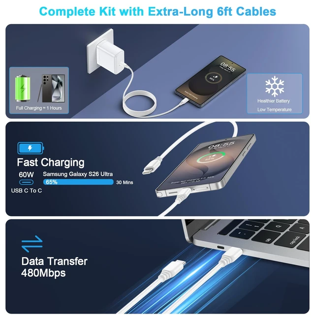 Alt view image 4 of 7 - Samsung Super Fast Charger Cord 65W Type C Fast Charging Block for Samsung|Galaxy S26 Ultra/S26 Plus/S25 Ultra/S25 FE/S24/S23/S22/S21/A17 5G/A16/A36/A56 with 60W 6FT Long Android Type C Charger Cable