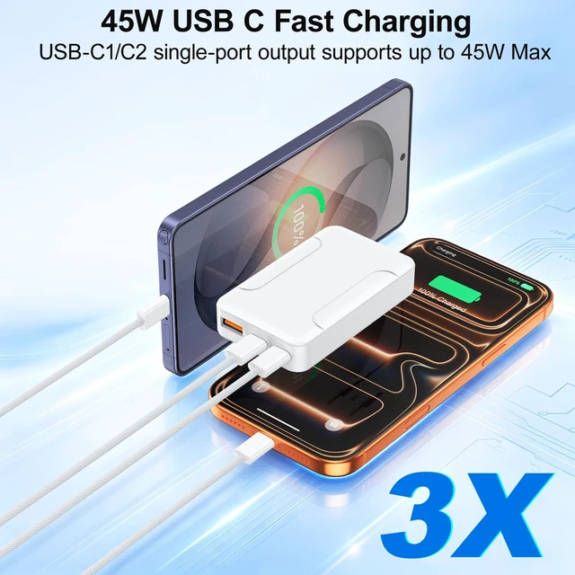 Alt view image 2 of 7 - 2-Pack 60W Flat GaN 3-Port USB C Wall Charger,Slim Multiport Charging Block|Dual USB-C+USB-A,PD45W QC3.0 Fast Charging,Foldable Flat GaN Power Adapter,Slim USB C Wall Plug for iPhone,iPad,Galaxy,Pixel