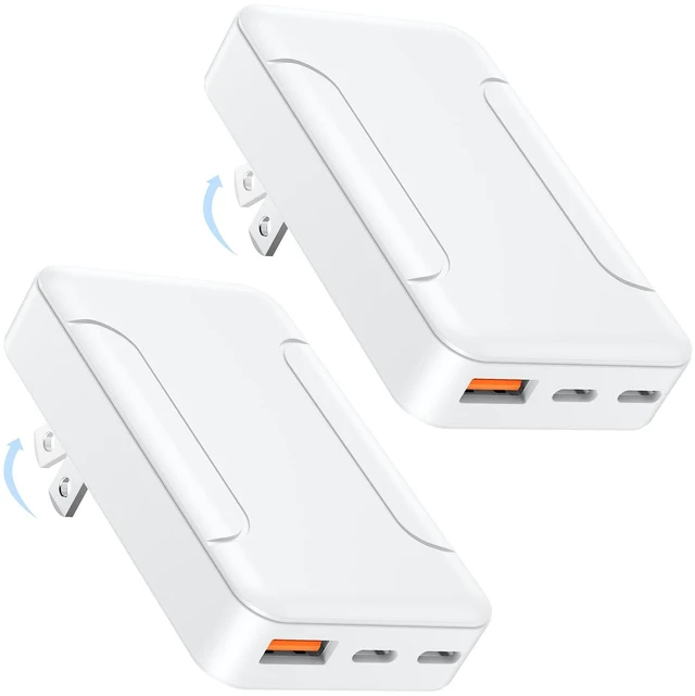 Main image of 2-Pack 60W Flat GaN 3-Port USB C Wall Charger,Slim Multiport Charging Block|Dual USB-C+USB-A,PD45W QC3.0 Fast Charging,Foldable Flat GaN Power Adapter,Slim USB C Wall Plug for iPhone,iPad,Galaxy,Pixel