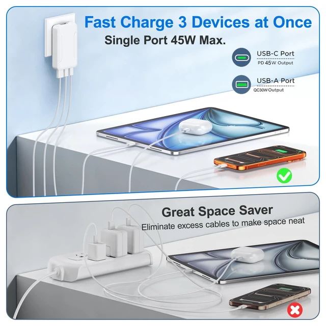 Alt view image 4 of 7 - 2-Pack 60W Flat GaN 3-Port USB C Wall Charger,Slim Multiport Charging Block|Dual USB-C+USB-A,PD45W QC3.0 Fast Charging,Foldable Flat GaN Power Adapter,Slim USB C Wall Plug for iPhone,iPad,Galaxy,Pixel