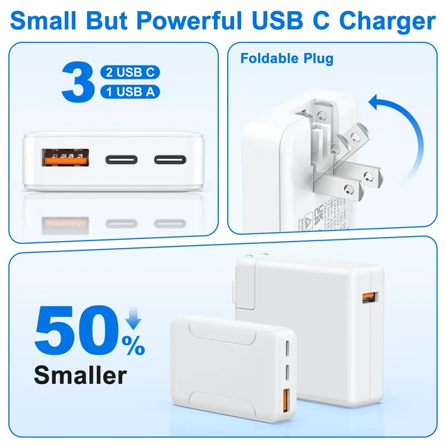Alt view image 5 of 7 - 2-Pack 60W Flat GaN 3-Port USB C Wall Charger,Slim Multiport Charging Block|Dual USB-C+USB-A,PD45W QC3.0 Fast Charging,Foldable Flat GaN Power Adapter,Slim USB C Wall Plug for iPhone,iPad,Galaxy,Pixel