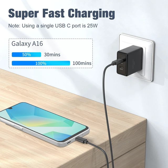 Alt view image 2 of 7 - 2 Pack 25W Super Fast Charger for Samsung Galaxy A17 A16 A57 A56 A37 A36 5G|Dual USB C Ports Travel Adapter,for Samsung/iPhone/Google Android,2* 6.6FT Type C Cable,Travel Essentials,Phone Accessories