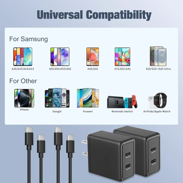 Alt view image 5 of 7 - 2 Pack 25W Super Fast Charger for Samsung Galaxy A17 A16 A57 A56 A37 A36 5G|Dual USB C Ports Travel Adapter,for Samsung/iPhone/Google Android,2* 6.6FT Type C Cable,Travel Essentials,Phone Accessories
