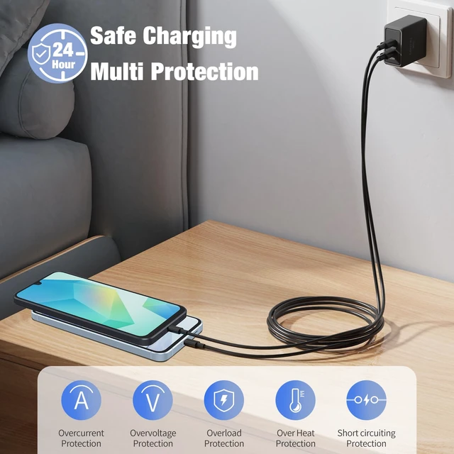 Alt view image 6 of 7 - 2 Pack 25W Super Fast Charger for Samsung Galaxy A17 A16 A57 A56 A37 A36 5G|Dual USB C Ports Travel Adapter,for Samsung/iPhone/Google Android,2* 6.6FT Type C Cable,Travel Essentials,Phone Accessories