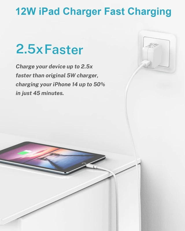 Alt view image 2 of 7 - Apple iPad Charger Wall Charger and Cord 10 ft 2Set,12W iPad Fast Charging Block and Cord 10 ft Apple Certified Lightning Cable for iPad 7th 8th 9th Generation/Air/Mini,iPhone