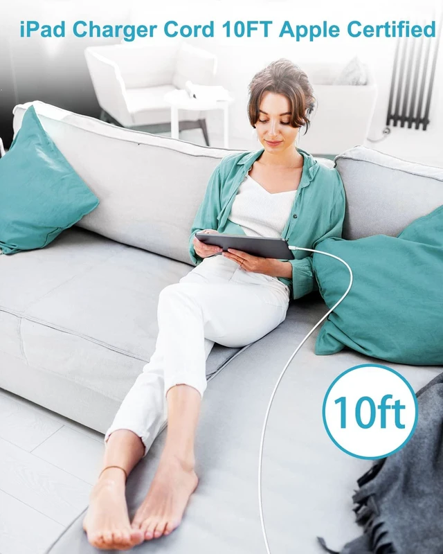 Alt view image 5 of 7 - Apple iPad Charger Wall Charger and Cord 10 ft 2Set,12W iPad Fast Charging Block and Cord 10 ft Apple Certified Lightning Cable for iPad 7th 8th 9th Generation/Air/Mini,iPhone