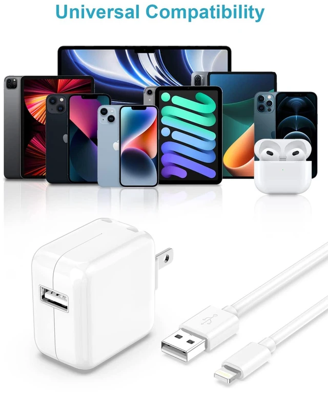 Alt view image 7 of 7 - Apple iPad Charger Wall Charger and Cord 10 ft 2Set,12W iPad Fast Charging Block and Cord 10 ft Apple Certified Lightning Cable for iPad 7th 8th 9th Generation/Air/Mini,iPhone
