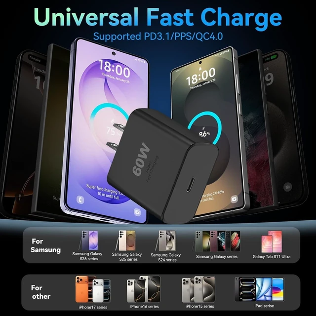 Alt view image 5 of 7 - 60W USB C Charger For Samsung Galaxy S26 FE/S26 Ultra/S26+/S26/S25/S24/S23 | iPhone 18 Pro 18 Pro Max iPhone Duo, iPad Wall Charger Block, 10FT USB C Charging Cable Cord Android Phone 2 Pack
