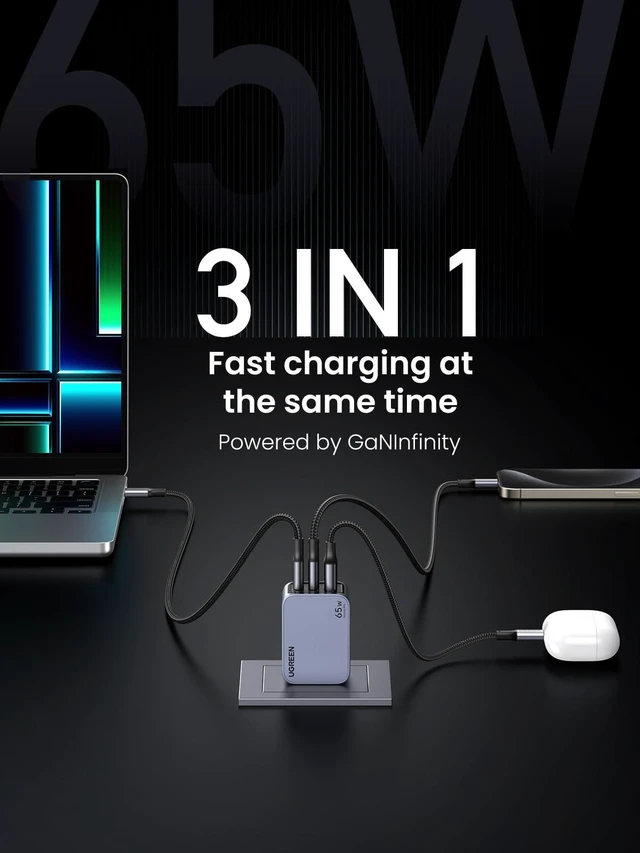 Alt view image 3 of 7 - UGREEN Nexode Pro 65W GaN USB C Wall Charger, 3-Port Mini Compact Foldable PPS Fast Charger for MacBook Pro/Air, Pixelbook, Dell XPS, iPhone 17/16/15 Series, Galaxy S25/S24 Ultra, Pixel 10/9
