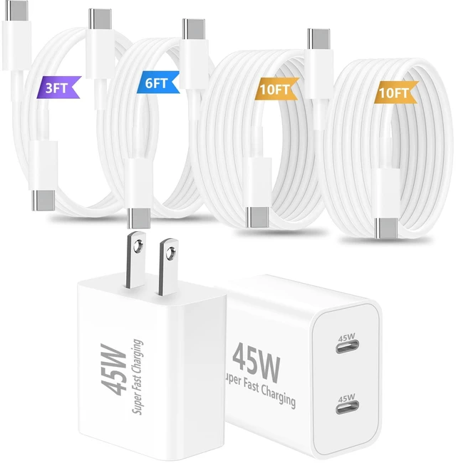 Main image of 45W Dual USB-C Fast Charger 2-Pack & 4 Extra Long Cables for iPhone/Samsung | 4 Extra Long Type C to C Cables (3/6/10/10FT). Fits iPhone 17/16/15 Pro Max, Galaxy S25/S24 Ultra, iPad & Pixel