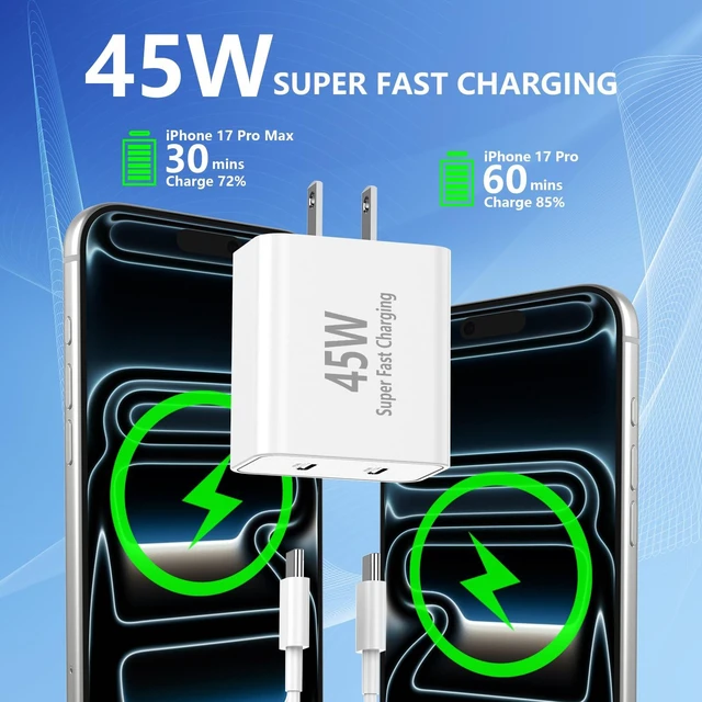 Alt view image 2 of 7 - 45W Dual USB-C Fast Charger 2-Pack & 4 Extra Long Cables for iPhone/Samsung | 4 Extra Long Type C to C Cables (3/6/10/10FT). Fits iPhone 17/16/15 Pro Max, Galaxy S25/S24 Ultra, iPad & Pixel