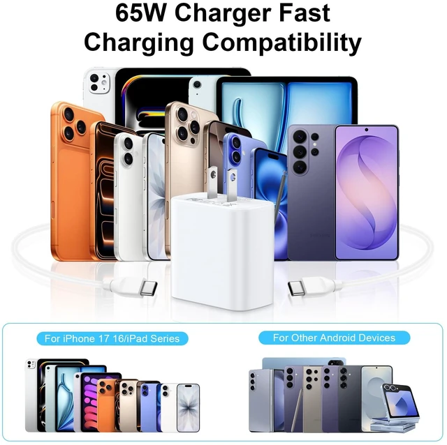 Alt view image 5 of 7 - 65W USB C Charger iphone 18 Pro Samsung S26 Fast Charger Block, White | Samsung S25 Edge Z Fold7 Fast Charging charger USB C to C Charger Phone Charge Samsung W26 Galaxy A56 S21 Ultra 5G S20 5G