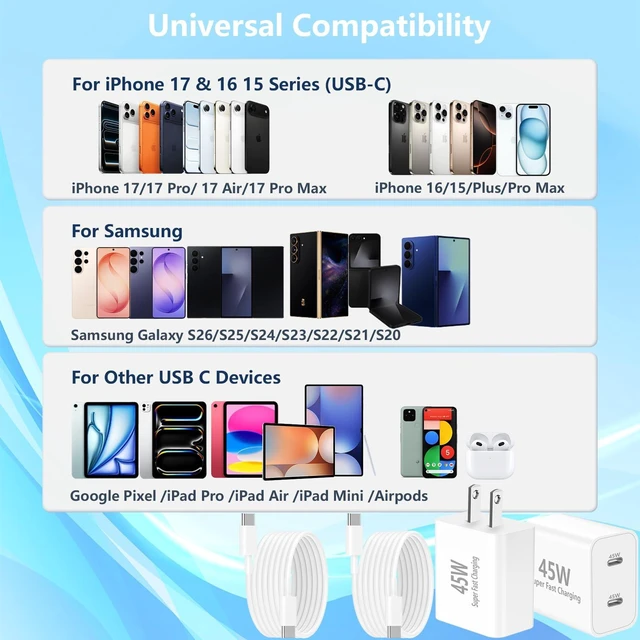 Alt view image 5 of 7 - 45W Dual USB-C Fast Charger 2-Pack & 4 Extra Long Cables for iPhone/Samsung | 4 Extra Long Type C to C Cables (3/6/10/10FT). Fits iPhone 17/16/15 Pro Max, Galaxy S25/S24 Ultra, iPad & Pixel