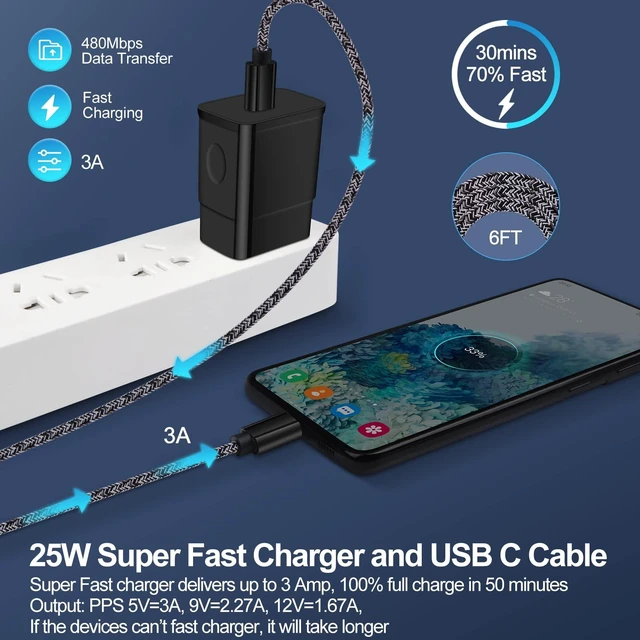 Alt view image 5 of 7 - 25W Type C Super Fast Samsung Charger Block for Samsung Galaxy S26 A17 S25 | Ultra A16 5G A15 A14 S24 S23 S22 S21 FE S20 A13 A25 A54 A34 A53 Z Fold 8 7,38W Car Adapter,3ft USB C Cable,6ft C to C Cord