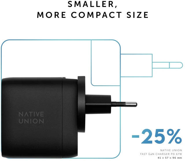 Alt view image 2 of 7 - Native Union Fast GaN Charger PD 67W Ultra-Compact Multi-Device Power Delivery Enabled USB-C Charger Up to 67W for MacBook Pro, iPads, iPhones, Pixel, Galaxy & Other Type-C Devices (Black)