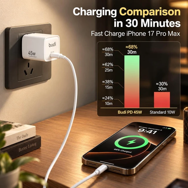 Alt view image 3 of 7 - BUDI Flat USB C Wall Charger, 45W USB Charger Block, Fast Charging Block Type-C for iPhone 18/17/16/15/14/13/12/11/Pro Max/XS/XR/8/7,Tablets (1 Port(USB C Port))