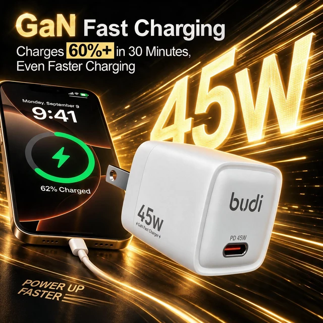 Alt view image 4 of 7 - BUDI Flat USB C Wall Charger, 45W USB Charger Block, Fast Charging Block Type-C for iPhone 18/17/16/15/14/13/12/11/Pro Max/XS/XR/8/7,Tablets (1 Port(USB C Port))