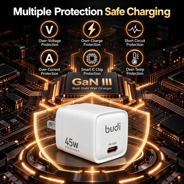 Alt view image 7 of 7 - BUDI Flat USB C Wall Charger, 45W USB Charger Block, Fast Charging Block Type-C for iPhone 18/17/16/15/14/13/12/11/Pro Max/XS/XR/8/7,Tablets (1 Port(USB C Port))