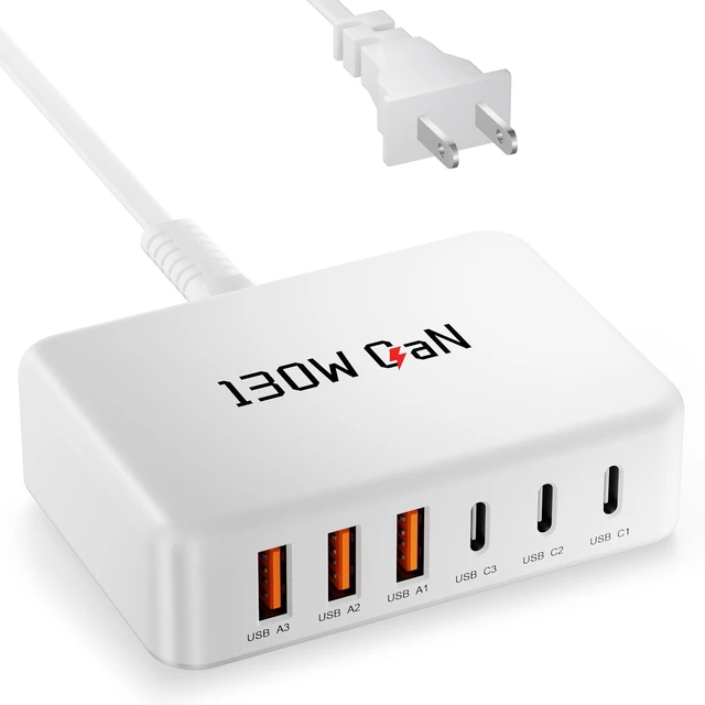 Main image of 130W Charging Station 6-Port GaN Multiport Desktop Charger Adpater Block | Fast Charger for iPhone 17/16/15/14/13/Pro Max/Plus iPad mini/Pro Galaxy S26/S25 - USB-C (25W, 20W) & USB-A (18W) - White