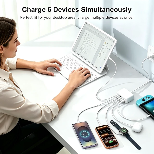 Alt view image 2 of 7 - 130W Charging Station 6-Port GaN Multiport Desktop Charger Adpater Block | Fast Charger for iPhone 17/16/15/14/13/Pro Max/Plus iPad mini/Pro Galaxy S26/S25 - USB-C (25W, 20W) & USB-A (18W) - White