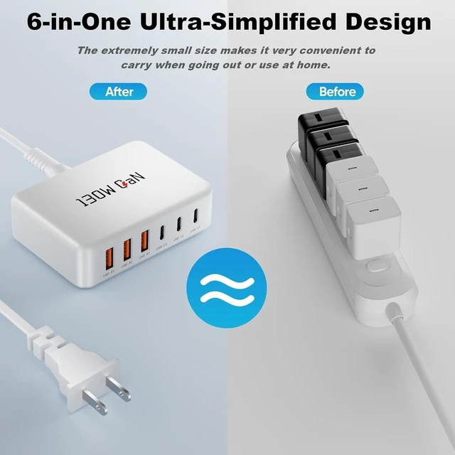 Alt view image 5 of 7 - 130W Charging Station 6-Port GaN Multiport Desktop Charger Adpater Block | Fast Charger for iPhone 17/16/15/14/13/Pro Max/Plus iPad mini/Pro Galaxy S26/S25 - USB-C (25W, 20W) & USB-A (18W) - White