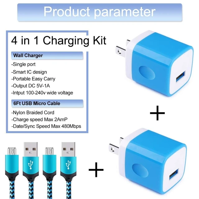 Alt view image 2 of 7 - Android Phone Charger Micro Cable,4-Pack Wall Plug 1A/5V Power Adapter Box|with 6ft Nylon Braided Fast Charging Micro USB Cord Compatible Samsung Galaxy S7 S6 Edge S4 Note 5,Moto G5 Plus E4 G6Play,HTC