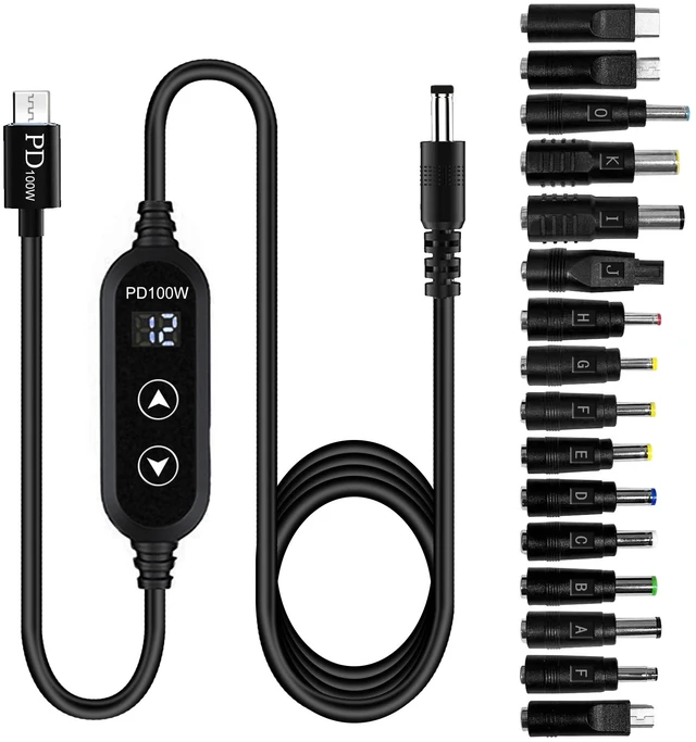 Main image of 100W USB C to DC power charger with adjustable 5V/9V/12V/15V/20V, with 16 DC adapter heads and LED display screen. USB to DC cable for devices such as tablets,speakers,routers and dc connector (3.9ft)