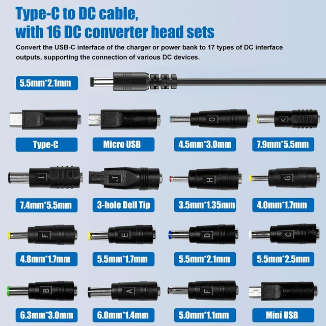 Alt view image 2 of 7 - 100W USB C to DC power charger with adjustable 5V/9V/12V/15V/20V, with 16 DC adapter heads and LED display screen. USB to DC cable for devices such as tablets,speakers,routers and dc connector (3.9ft)