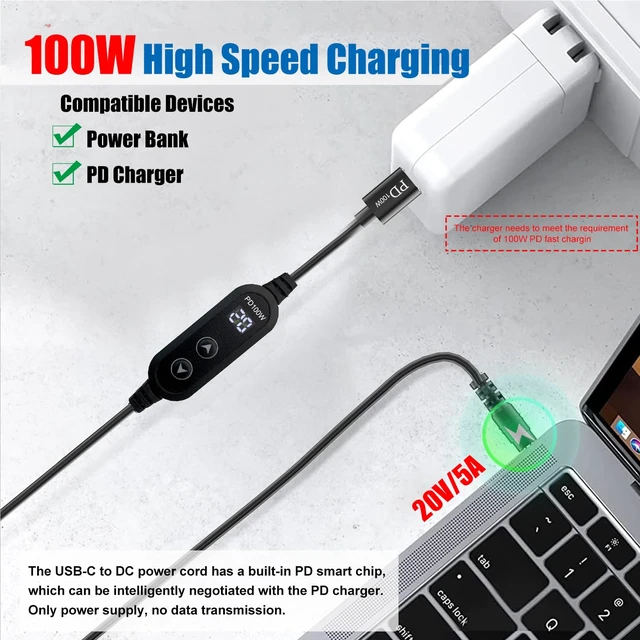 Alt view image 3 of 7 - 100W USB C to DC power charger with adjustable 5V/9V/12V/15V/20V, with 16 DC adapter heads and LED display screen. USB to DC cable for devices such as tablets,speakers,routers and dc connector (3.9ft)